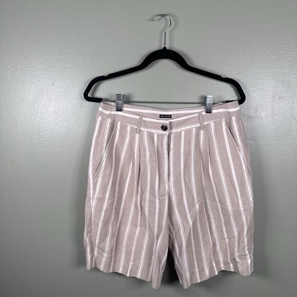 Iris V Arnim Women’s 36 Striped Linen Blend Bermuda Shorts Tan White‎ Pleated - Picture 1 of 12